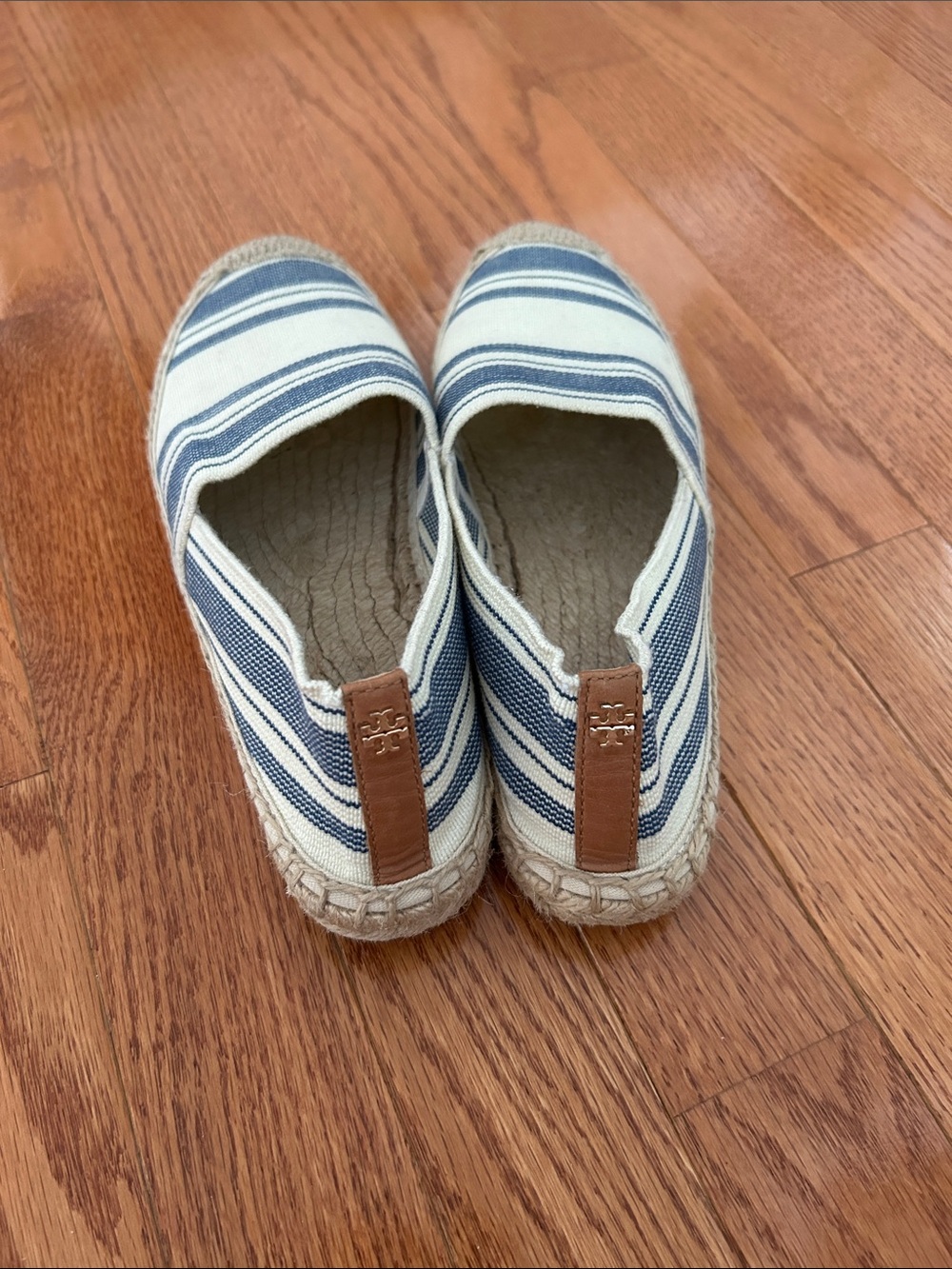 Tory Burch Navy and Cream Striped Canvas Espadrilles with Leather Heel Tab